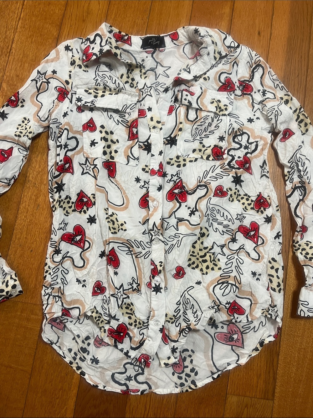 Milk & Honey Women’s White Button-Down Shirt with Red Heart Print Fun Funky